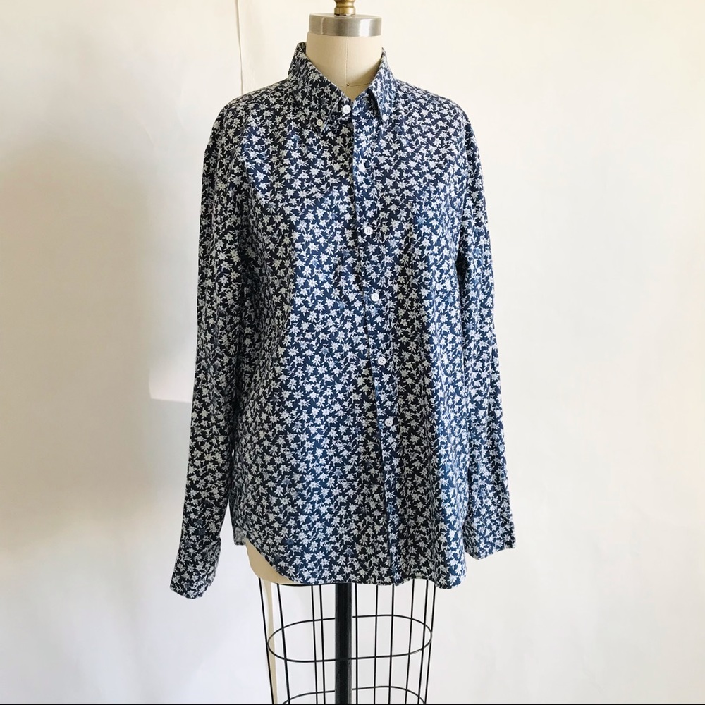 J CREW | Cotton Shirt Button Down Blue White Floral Batik Size Large